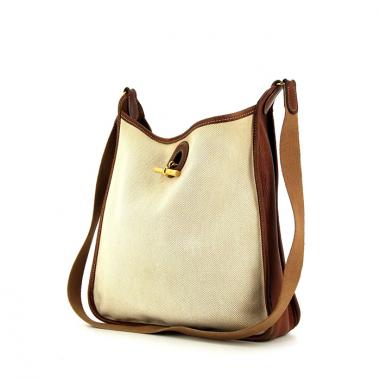 Bolso para llevar al hombro Hermes Vespa en cuero marrón y lona beige
