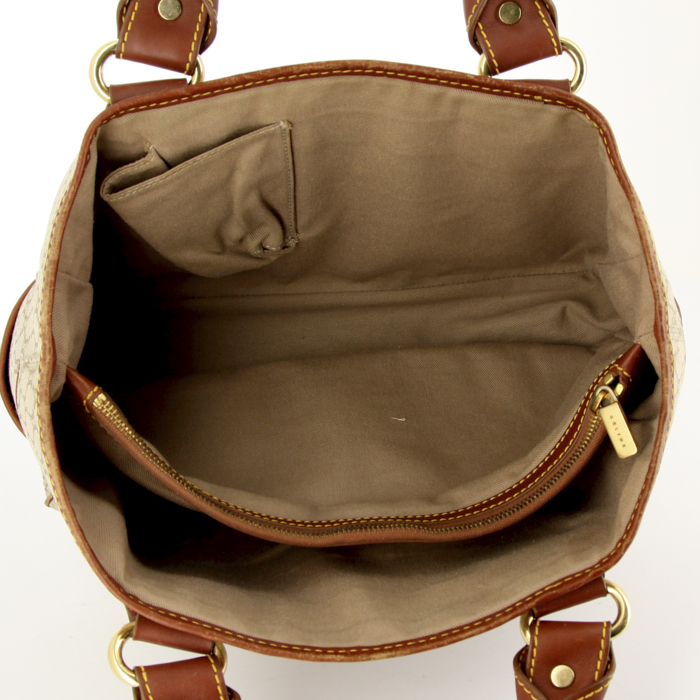 Celine Boogie handbag in brown leather and beige monogram canvas - Detail D2