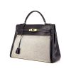 Hermes Kelly 32 cm handbag in blue box leather and beige canvas - 00pp thumbnail