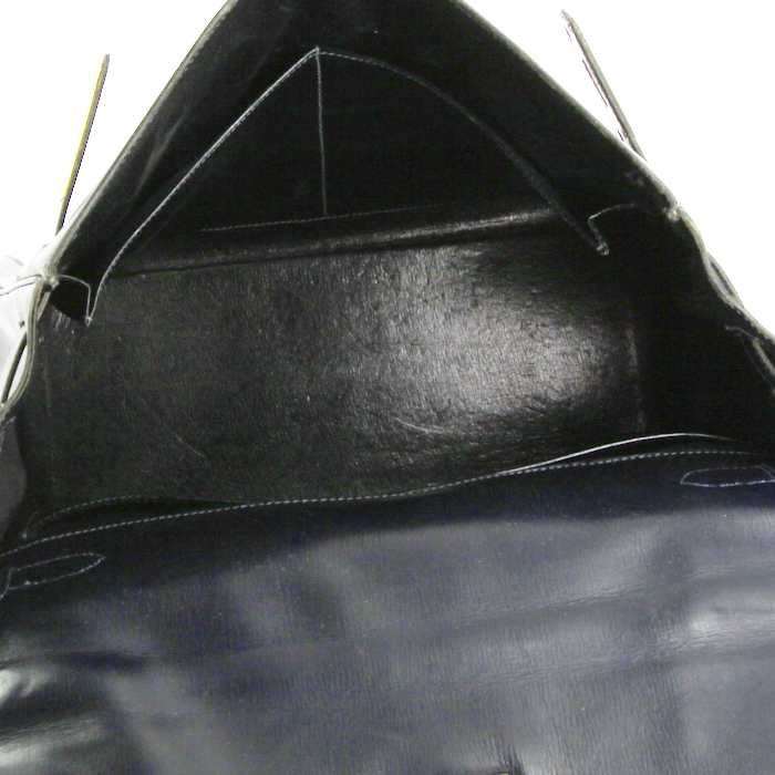 Bolso de mano Hermes Kelly 32 cm en cuero box azul y lona beige - Detail D2