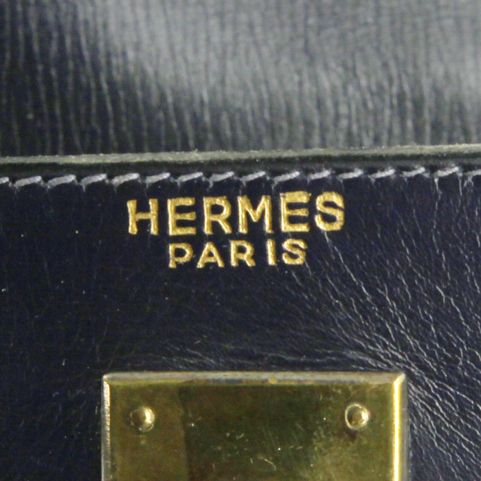 Hermes Kelly 32 cm handbag in blue box leather and beige canvas - Detail D3