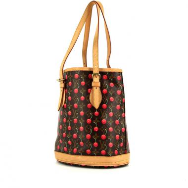 Shopping bag Louis Vuitton Bucket in tela monogram marrone e rossa decorata con ciliegie disegnate dall'artista Takashi Murakami e pelle naturale