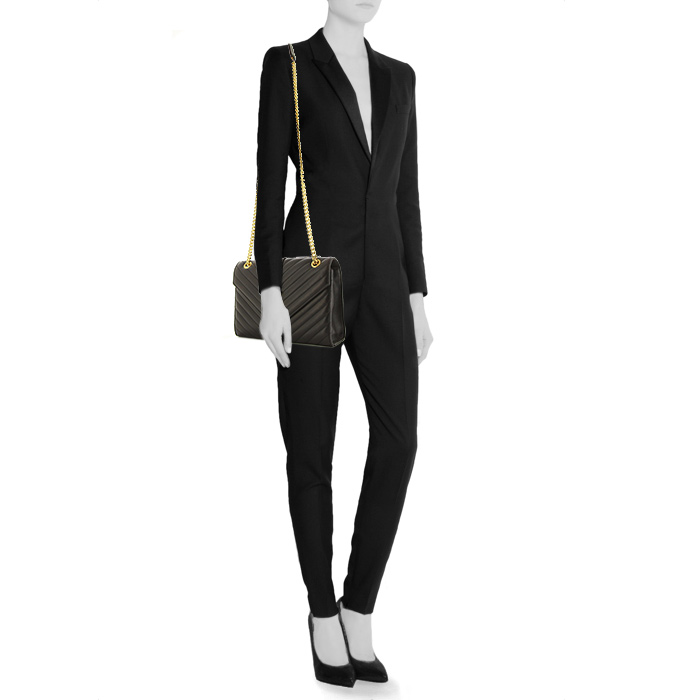 Saint Laurent College shoulder bag in black chevron quilted leather - Detail D1
