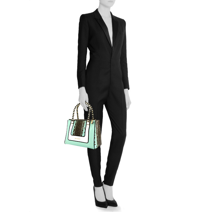 Borsa Bulgari in pelle verde acqua bianca e nera e pitone grigio - Detail D1