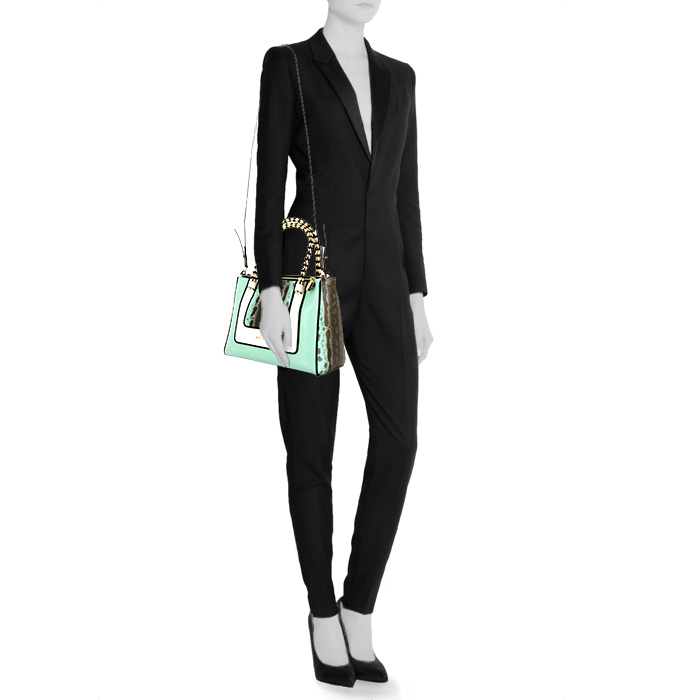 Borsa Bulgari in pelle verde acqua bianca e nera e pitone grigio - Detail D2