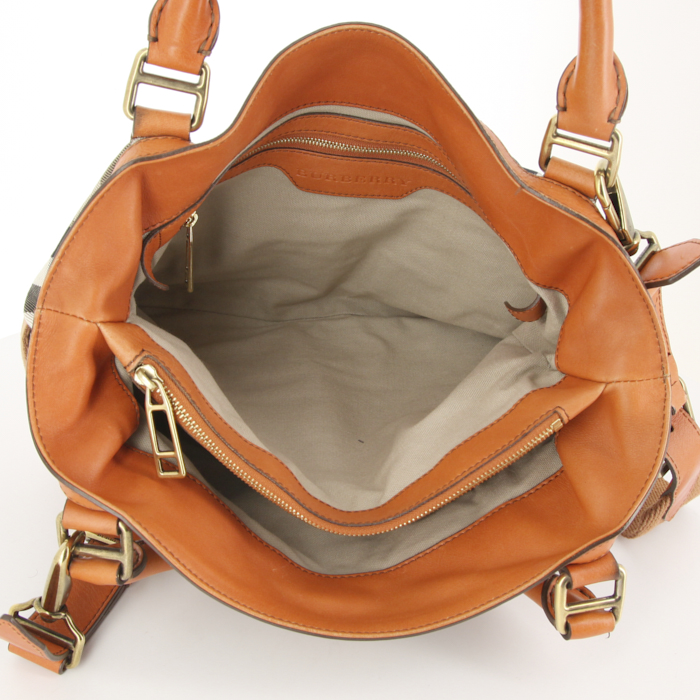 Burberry handbag in beige and orange Haymarket canvas and orange leather - Detail D3