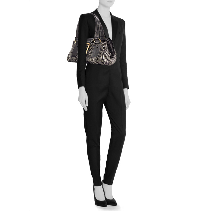 Celine handbag in black and white tweed and black leather - Detail D1