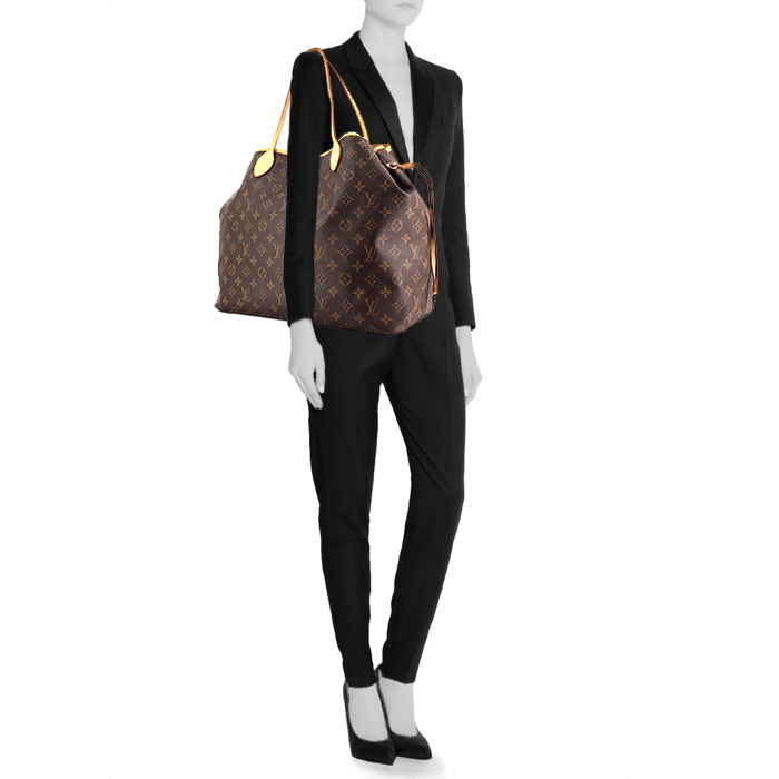 Sac cabas Louis Vuitton Neverfull grand modèle en toile monogram et cuir naturel - Detail D1