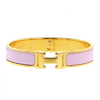 Bracelet ouvrant Hermes Clic Clac moyen modèle en plaqué or et émail rose-pale
