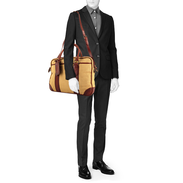 Borsa portadocumenti Ralph Lauren in tela beige e pelle marrone - Detail D1