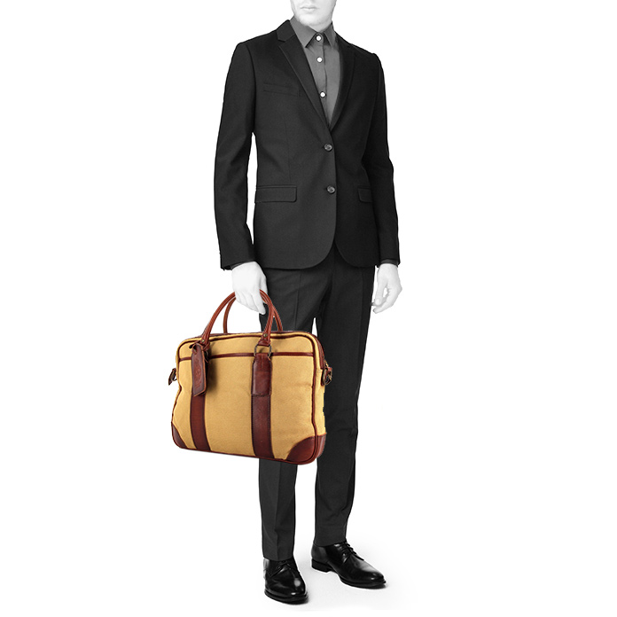 Ralph Lauren briefcase in beige canvas and brown leather - Detail D2