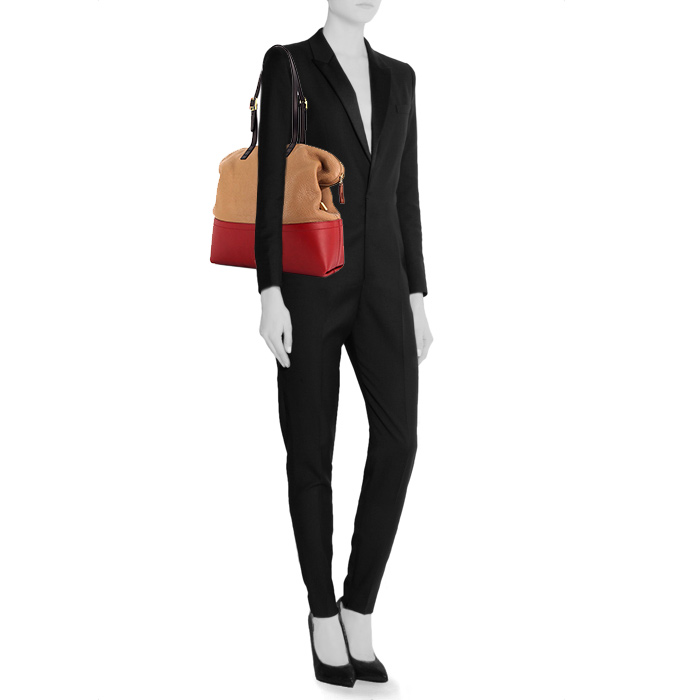 Sac à main Fendi 2Bag en cuir grainé beige et rouge - Detail D1