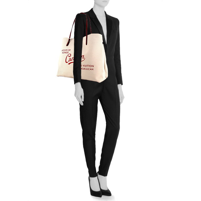 Louis Vuitton Cancun shopping bag in beige and red canvas and red leather - Detail D1