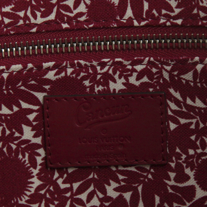 Shopping bag Louis Vuitton Cancun in tela beige e rossa e pelle rossa - Detail D3