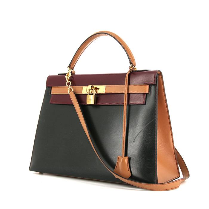 Sac à main Hermes Kelly 32 cm en cuir box tricolore beige vert et bordeaux