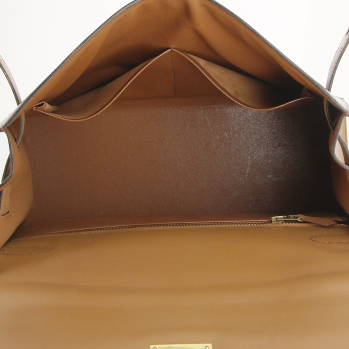 Bolso de mano Hermes Kelly 32 cm en cuero box tricolor beige, verde y color burdeos - Detail D3