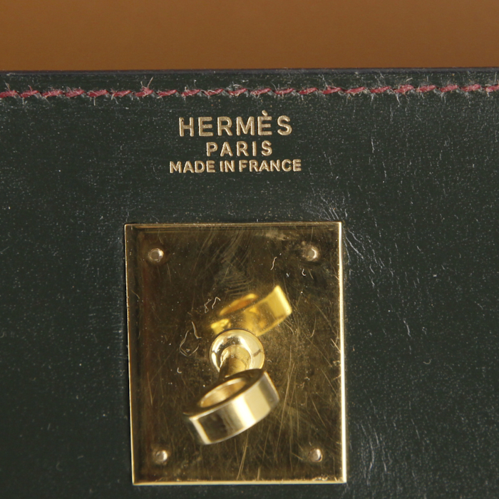 Hermes Kelly 32 cm handbag in beige, green and burgundy tricolor box leather - Detail D4