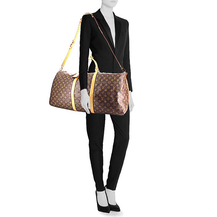 Louis Vuitton Keepall 60 cm travel bag in brown monogram canvas and natural leather - Detail D1