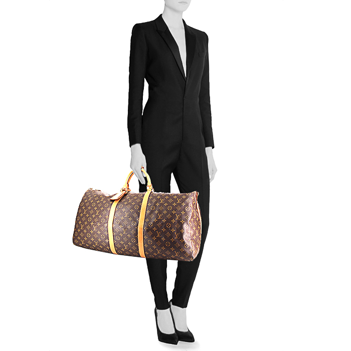 Sac de voyage Louis Vuitton Keepall 60 cm en toile monogram marron et cuir naturel - Detail D2