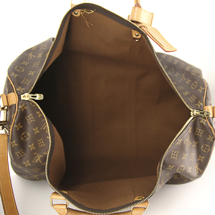 Bolsa de viaje Louis Vuitton Keepall 60 cm en lona Monogram marrón y cuero natural - Detail D3