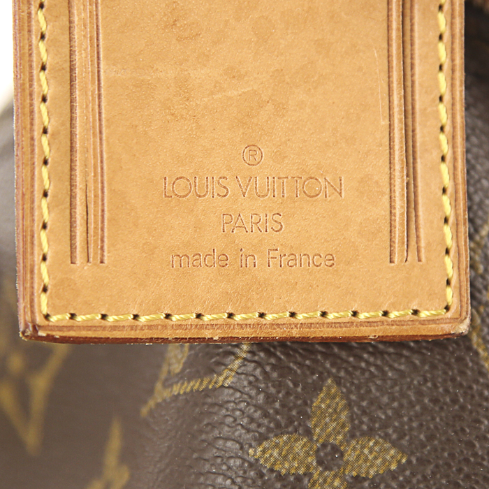 Sac de voyage Louis Vuitton Keepall 60 cm en toile monogram marron et cuir naturel - Detail D4