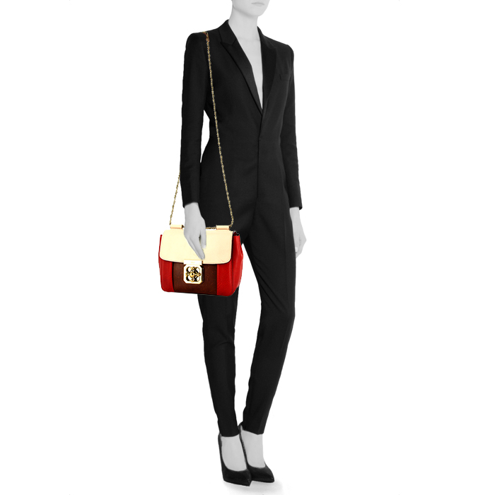 Chloé Elsie shoulder bag in beige, red and brown leather - Detail D1