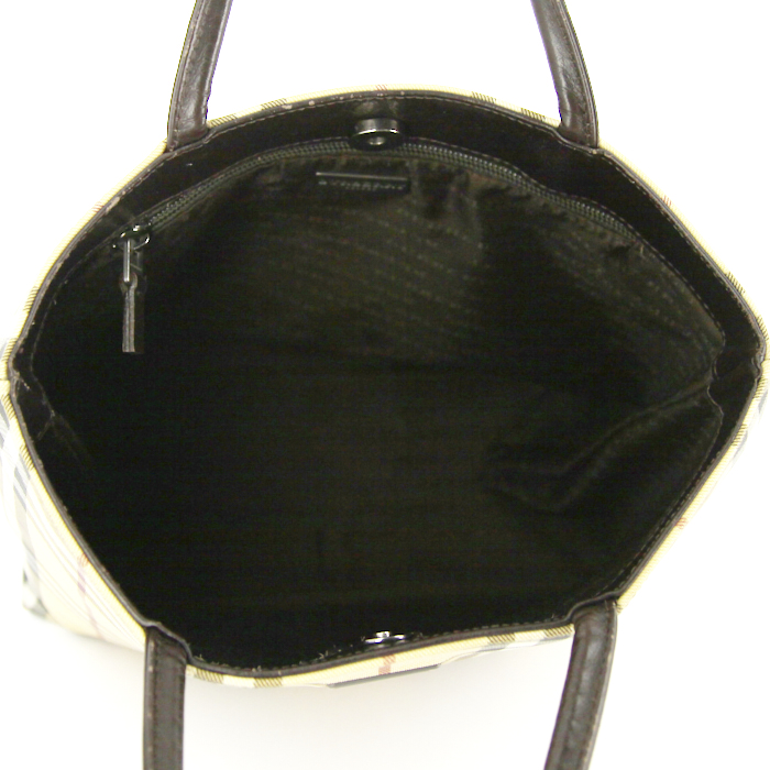 Shopping bag Burberry in tela Haymarket beige e pelle nera - Detail D2