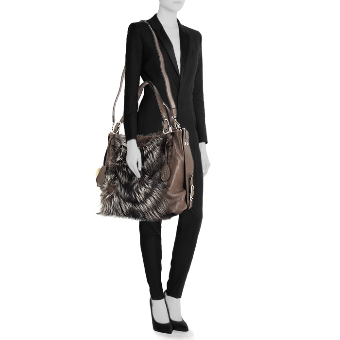 Sac à main Tod's en cuir grainé marron et fourrure marron - Detail D1