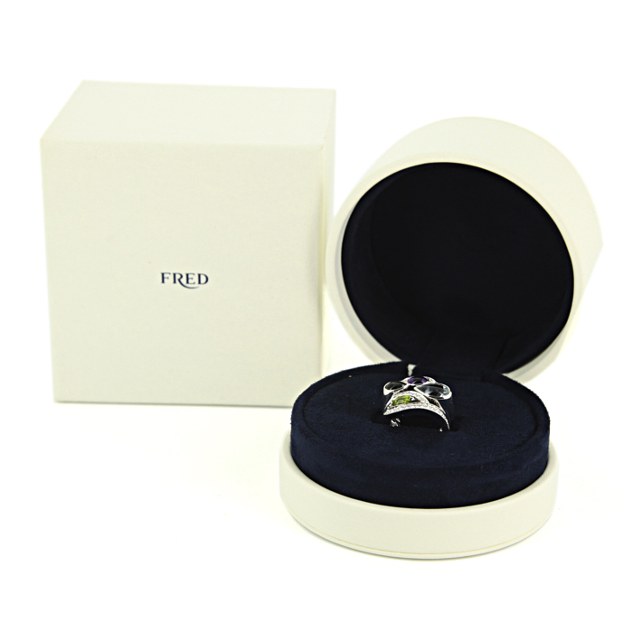 Fred Princess K large model ring in white gold,  diamonds and colored stones - Detail D2