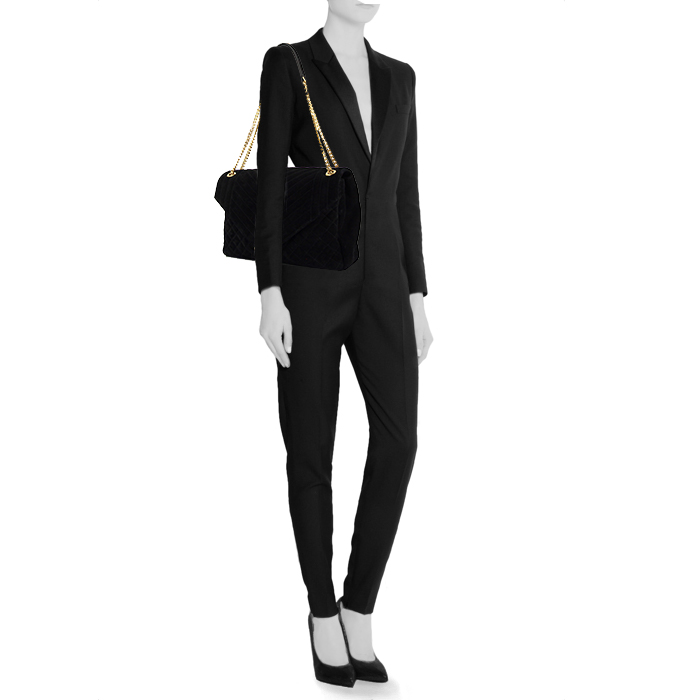 Saint Laurent College large model shoulder bag in black quilted suede - Detail D1
