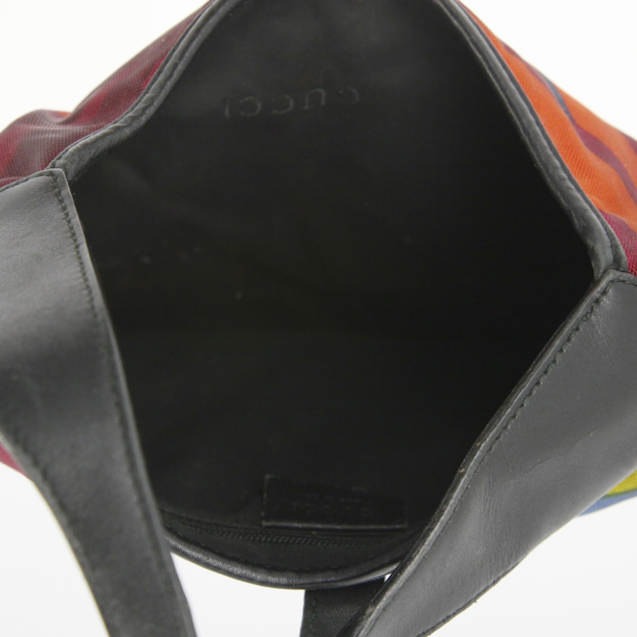 Borsa Gucci Bardot in tessuto multicolore arancione rosso e giallo a fiori e pelle nera - Detail D2