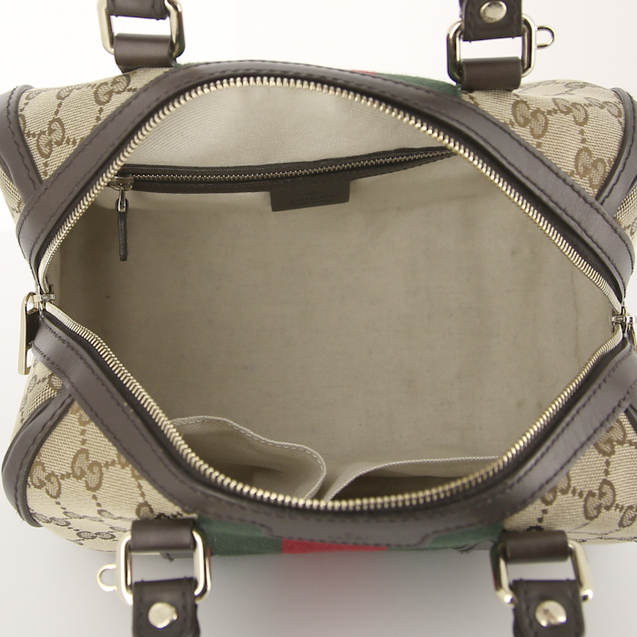 Gucci Boston Vintage Web handbag in brown, red and green monogram canvas and brown leather - Detail D3