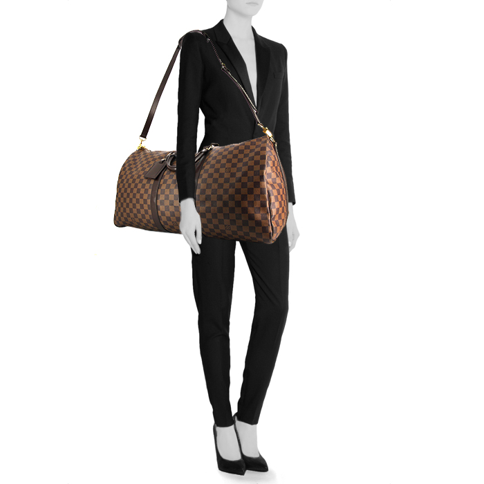 Bolsa de viaje Louis Vuitton Keepall 55 cm en lona a cuadros y cuero marrón - Detail D1