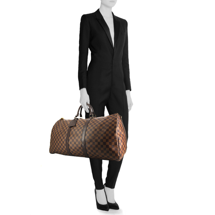 Borsa da viaggio Louis Vuitton Keepall 55 cm in tela a scacchi e pelle marrone - Detail D2