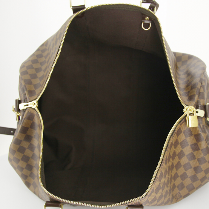 Bolsa de viaje Louis Vuitton Keepall 55 cm en lona a cuadros y cuero marrón - Detail D3