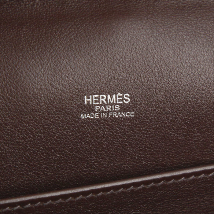 Hermes V handbag in khaki canvas and brown Swift leather - Detail D3