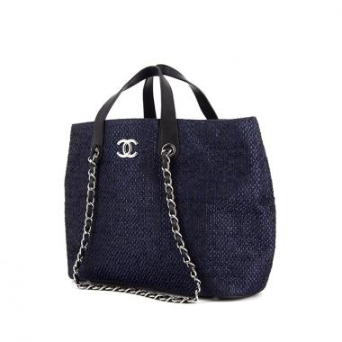 Shopping bag Chanel Portobello in tela intrecciata blu e nera e pelle nera