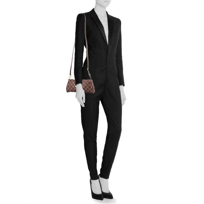 Louis Vuitton Eva pouch in ebene damier canvas and brown leather - Detail D2