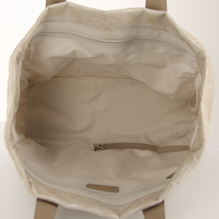 Chanel shopping bag in beige logo canvas and beige leather - Detail D2