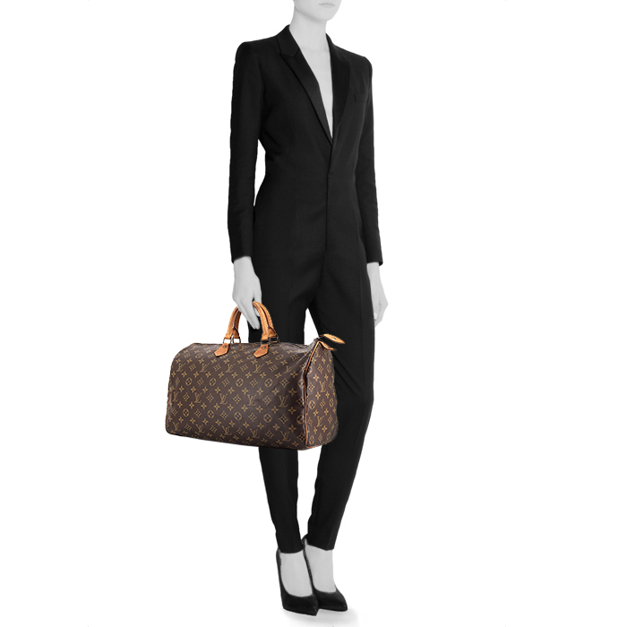 Borsa Louis Vuitton Speedy 40 in tela monogram marrone e pelle naturale - Detail D1