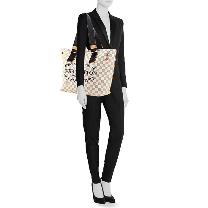 Bolso Cabás Louis Vuitton en lona a cuadros azul celeste y cuero natural - Detail D1