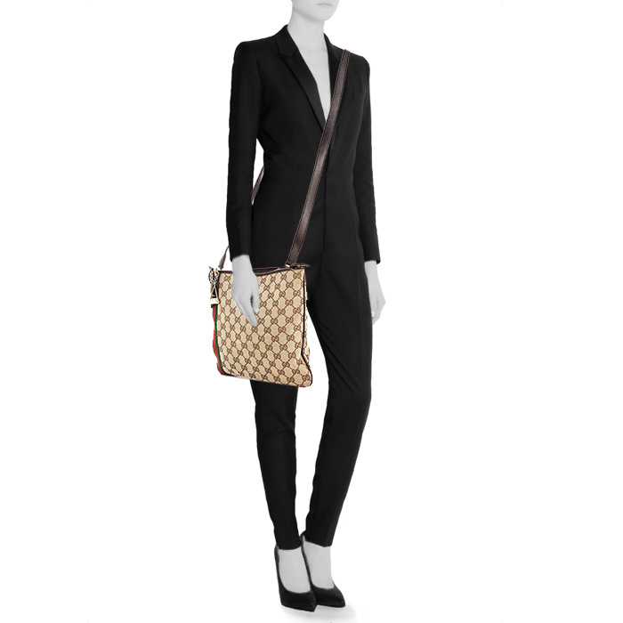 Bolso bandolera Gucci en lona Monogram beige y marrón y cuero marrón - Detail D1