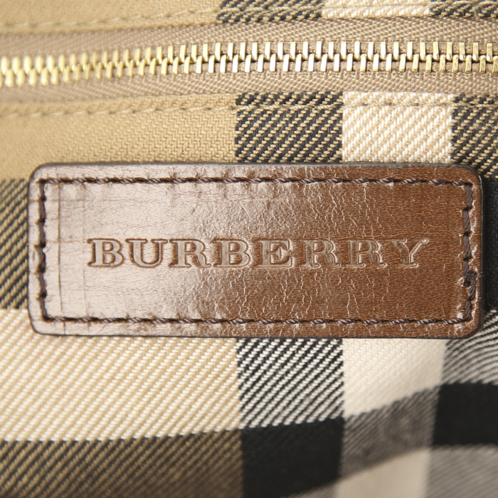 Shopping bag Burberry in pelle marrone e tela Haymarket - Detail D3