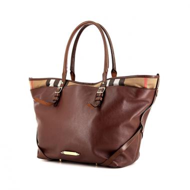 Sac cabas Burberry en cuir marron camel et toile Haymarket