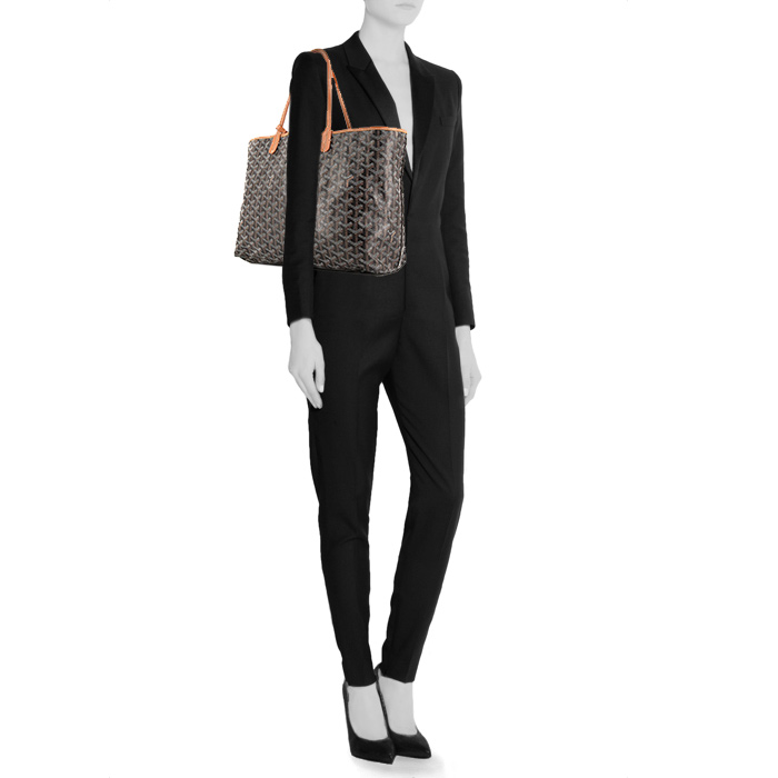 Bolso Cabás Goyard Saint-Louis modelo pequeño en lona Monogram revestida negra y cuero marrón - Detail D1