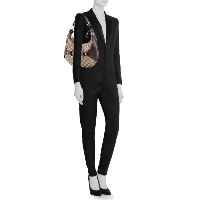 Gucci Bamboo handbag in grey monogram canvas and brown Pecari leather - Detail D1