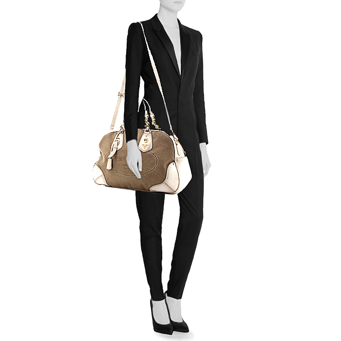 Borsa a tracolla Prada in pelle bianca e beige e tela beige - Detail D1