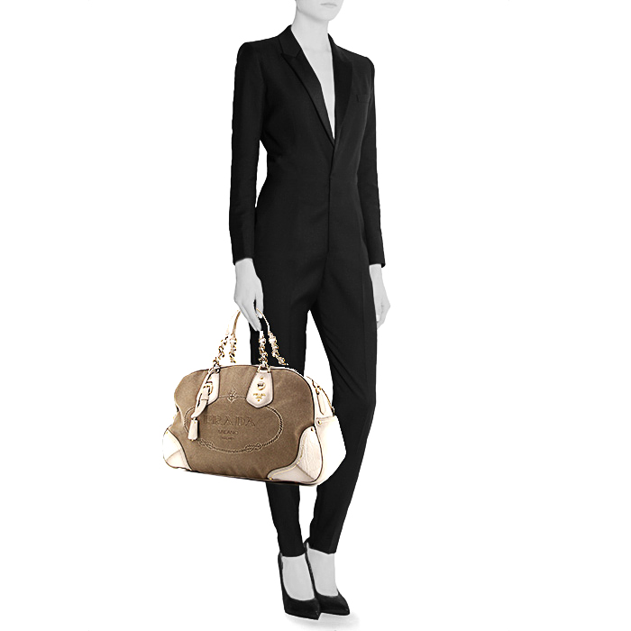 Prada shoulder bag in white and beige shading leather and beige canvas - Detail D2