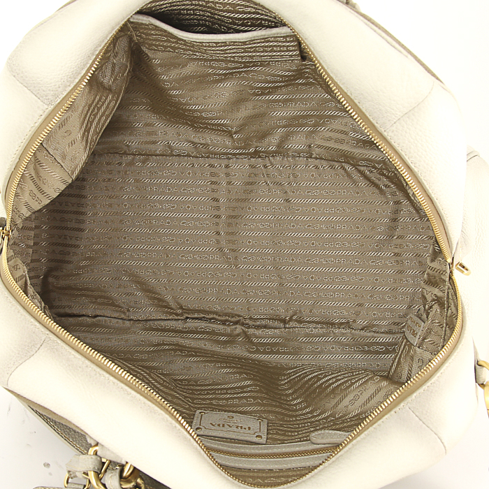 Borsa a tracolla Prada in pelle bianca e beige e tela beige - Detail D3
