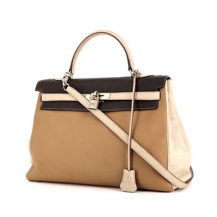 Borsa Hermes Kelly 35 cm in pelle togo tricolore beige e brown